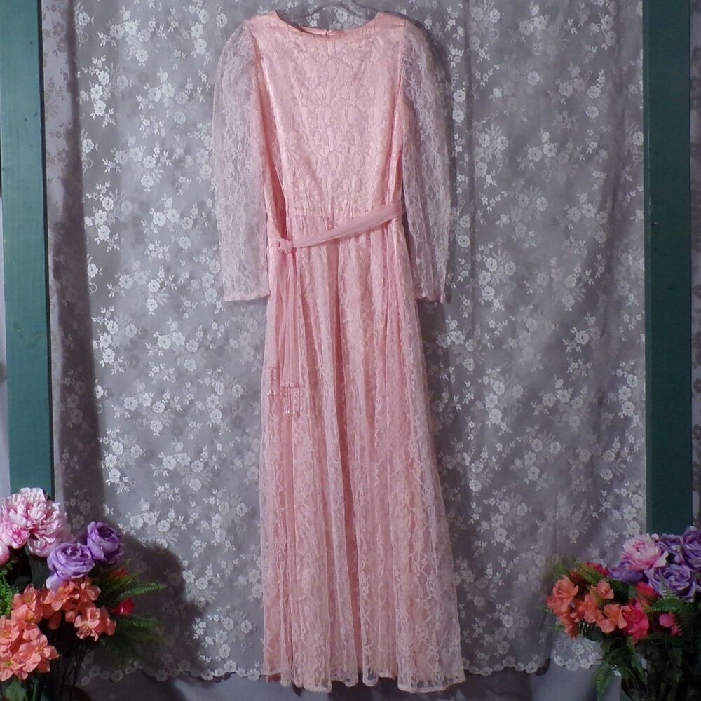 Vintage 70s Maxi Dress 1970s Pink Lace Fairycore Barbiecore Prom Size Medium